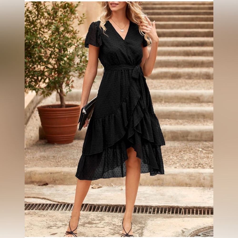 Boutique Swiss Dot Ruffle Swing Midi Dress